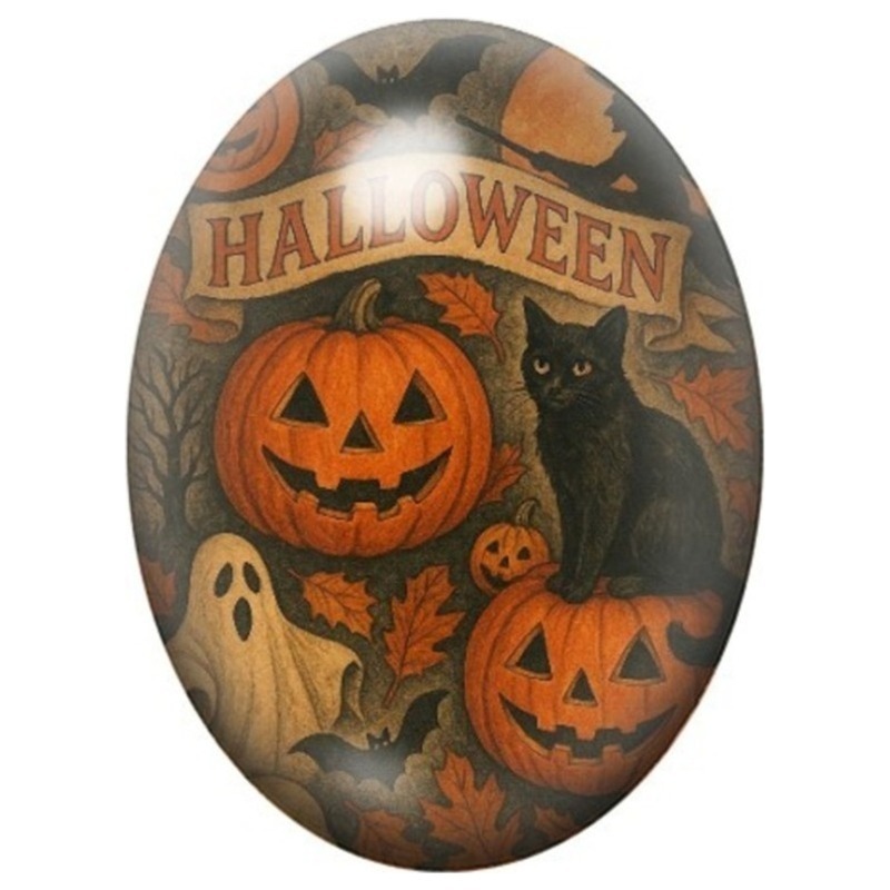 Cabochon en Verre Illustré Affiche Halloween Vintage au Chat et aux Citrouilles 13x18, 18x25 ou 30x40mm
