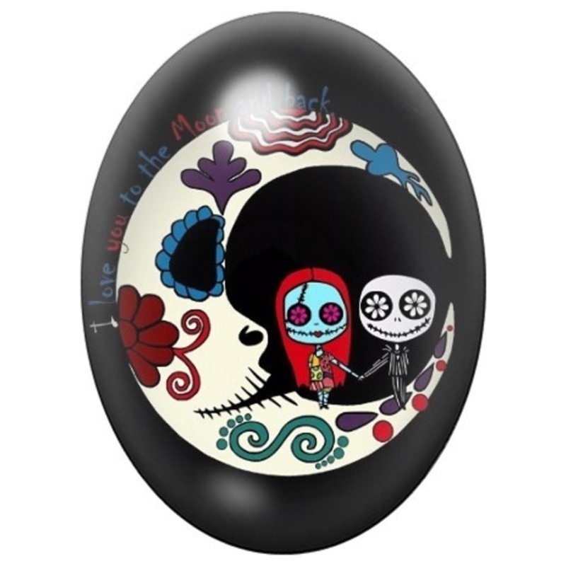 Cabochon en Verre Illustré Jack et Sally Calaveras sur Fond Noir 13x18, 18x25 ou 30x40mm