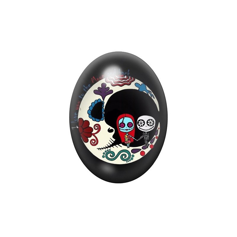 Cabochon en Verre Illustré Jack et Sally Lune Halloween 13x18, 18x25 ou 30x40mm