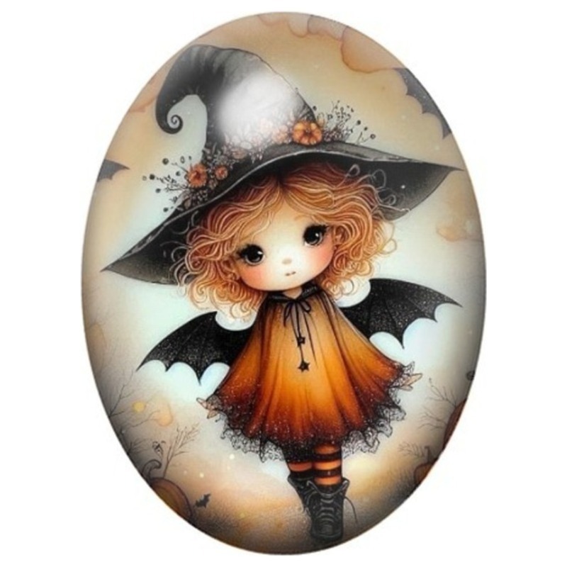 Cabochon en Verre Illustré Petite Sorcière aux Ailes de Chauve-Souris en Robe Orange 13x18, 18x25 ou 30x40mm