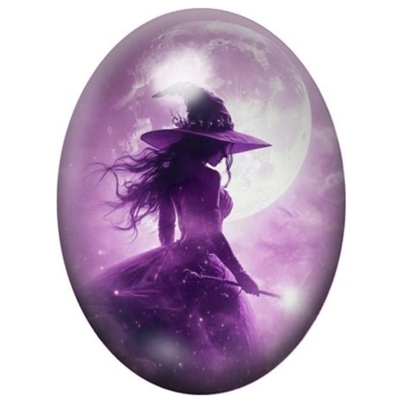 Cabochon en Verre Illustré Sorcière sous la Lune Violette 13x18, 18x25 ou 30x40mm