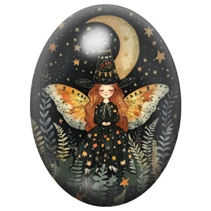 Cabochon en Verre Illustré Petite Fée Sorcière aux Ailes Orange 13x18, 18x25 ou 30x40mm