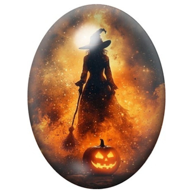 Cabochon en Verre Illustré Silhouette de Sorcière au Chaudron sous un Ciel Orange 13x18, 18x25 ou 30x40mm