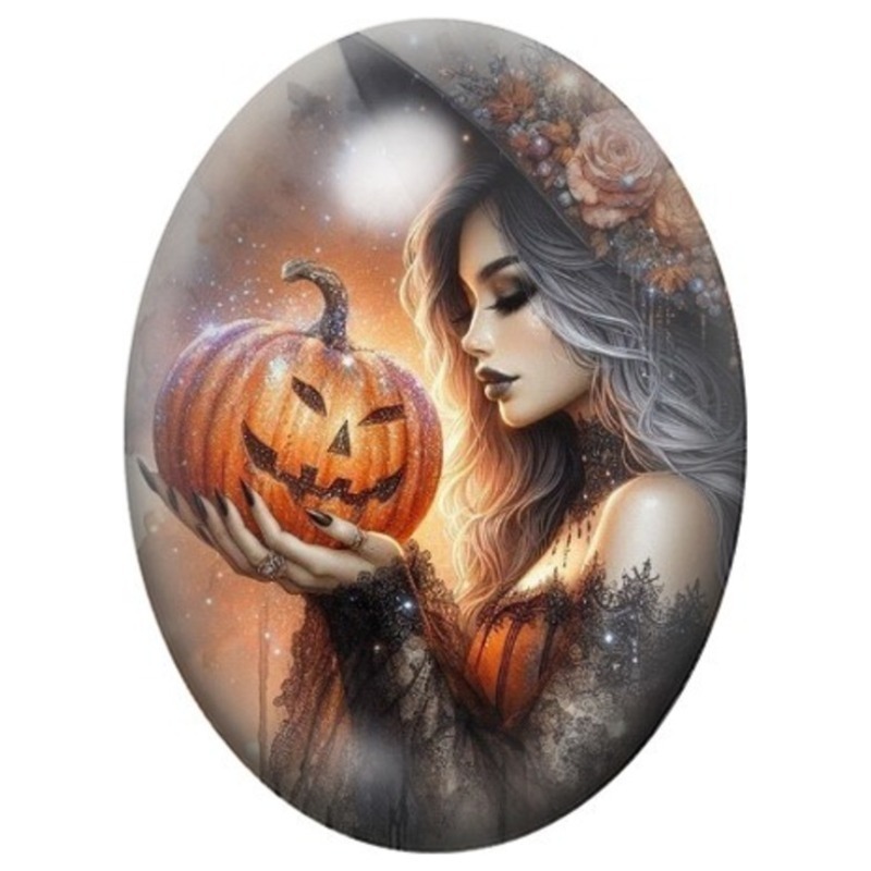 Cabochon en Verre Illustré Sorcière tenant une Citrouille Lumineuse 13x18, 18x25 ou 30x40mm