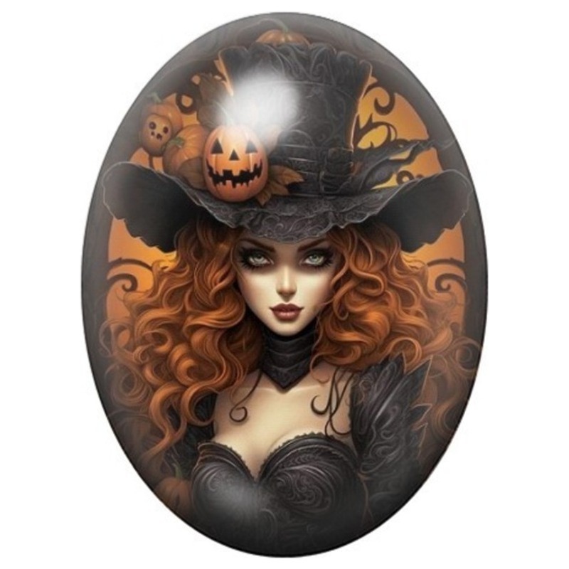 Cabochon en Verre Illustré Sorcière Rousse au Chapeau Citrouille 13x18, 18x25 ou 30x40mm