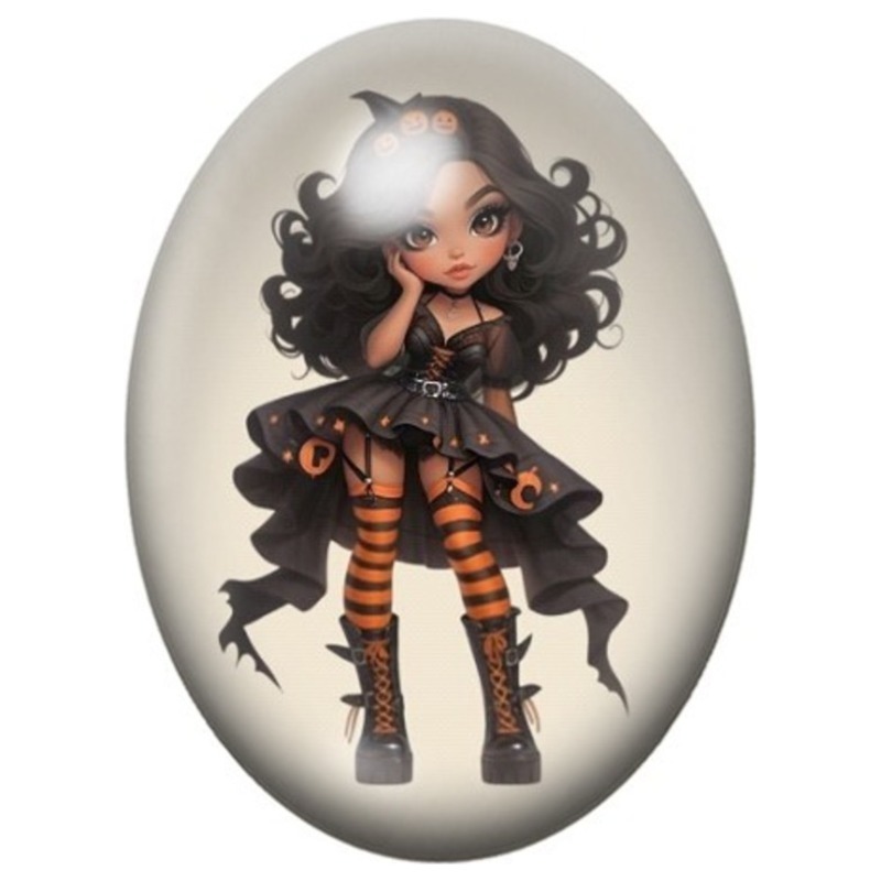 Cabochon en Verre Illustré Petite Fille Gothique en Robe Orange et Noire 13x18, 18x25 ou 30x40mm