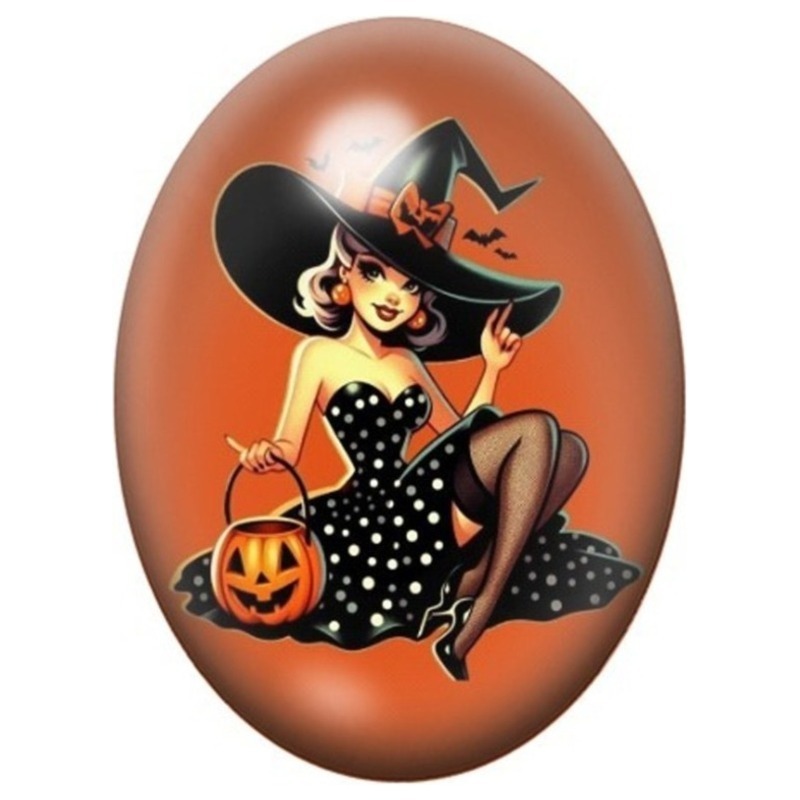 Cabochon en Verre Illustré Pin-Up Sorcière assise sur une Citrouille 13x18, 18x25 ou 30x40mm