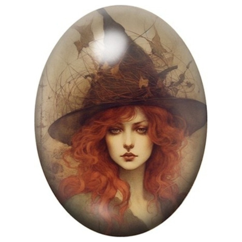 Cabochon en Verre Illustré Sorcière Rousse au Chapeau Noir 13x18, 18x25 ou 30x40mm