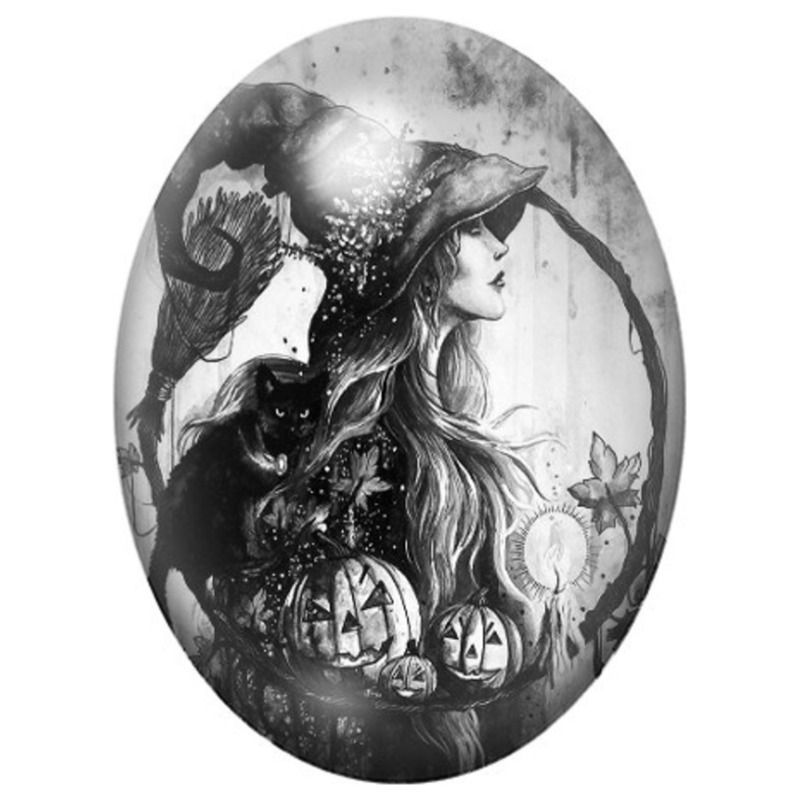 Cabochon en Verre Illustré Sorcière en Noir et Blanc aux Citrouilles 13x18, 18x25 ou 30x40mm