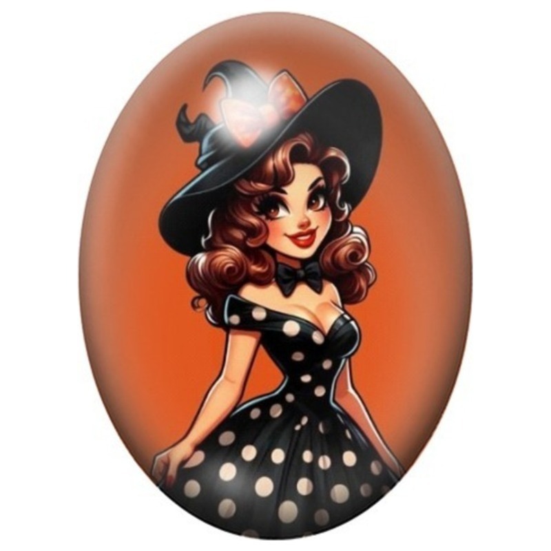 Cabochon en Verre Illustré Pin-Up Sorcière en Robe à Pois 13x18, 18x25 ou 30x40mm