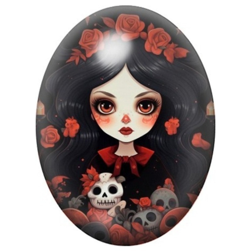 Cabochon en Verre Illustré Petite Fille Gothique aux Roses et aux Crânes 13x18, 18x25 ou 30x40mm