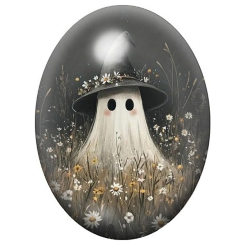 Cabochon en Verre Illustré Fantôme Fleuri au Chapeau de Sorcière 13x18, 18x25 ou 30x40mm