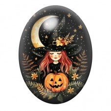Cabochon en Verre Illustré Petite Sorcière Rousse à la Citrouille et à la Lune 13x18, 18x25 ou 30x40mm pour la création de bijou