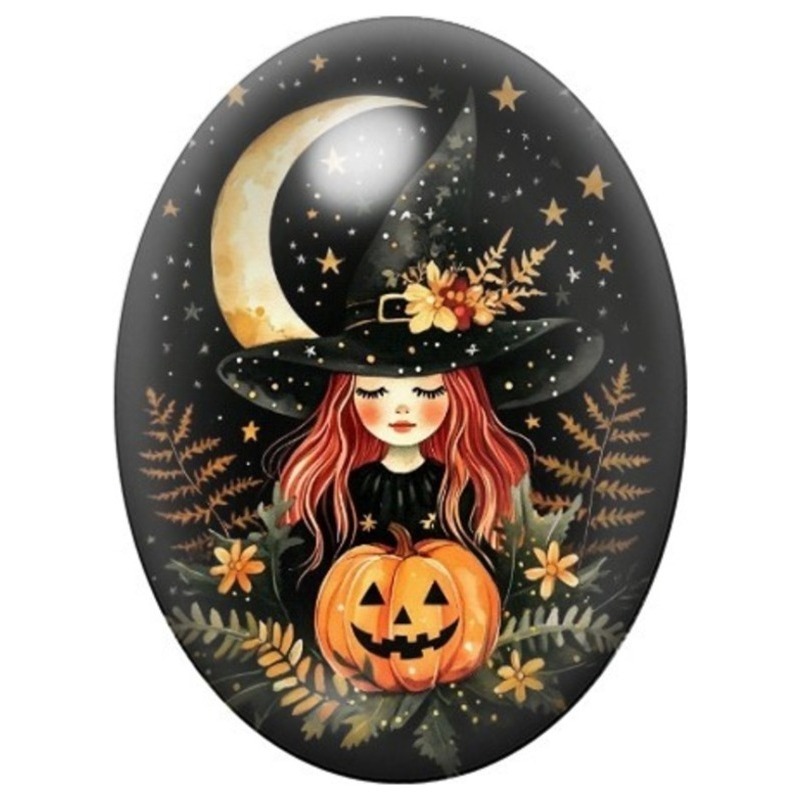 Cabochon en Verre Illustré Petite Sorcière Rousse à la Citrouille et à la Lune 13x18, 18x25 ou 30x40mm