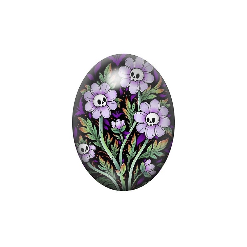 Cabochon en Verre Illustré Fleurs Crânes Halloween 13x18, 18x25 ou 30x40mm