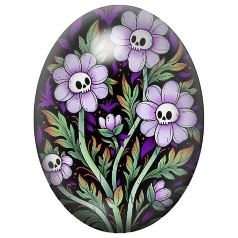 Cabochon en Verre Illustré Fleurs Violettes aux Crânes Blancs 13x18, 18x25 ou 30x40mm