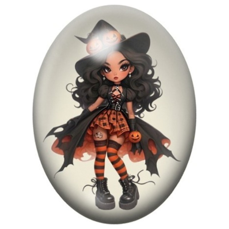 Cabochon en Verre Illustré Petite Sorcière en Robe Orange aux Chauves-Souris 13x18, 18x25 ou 30x40mm