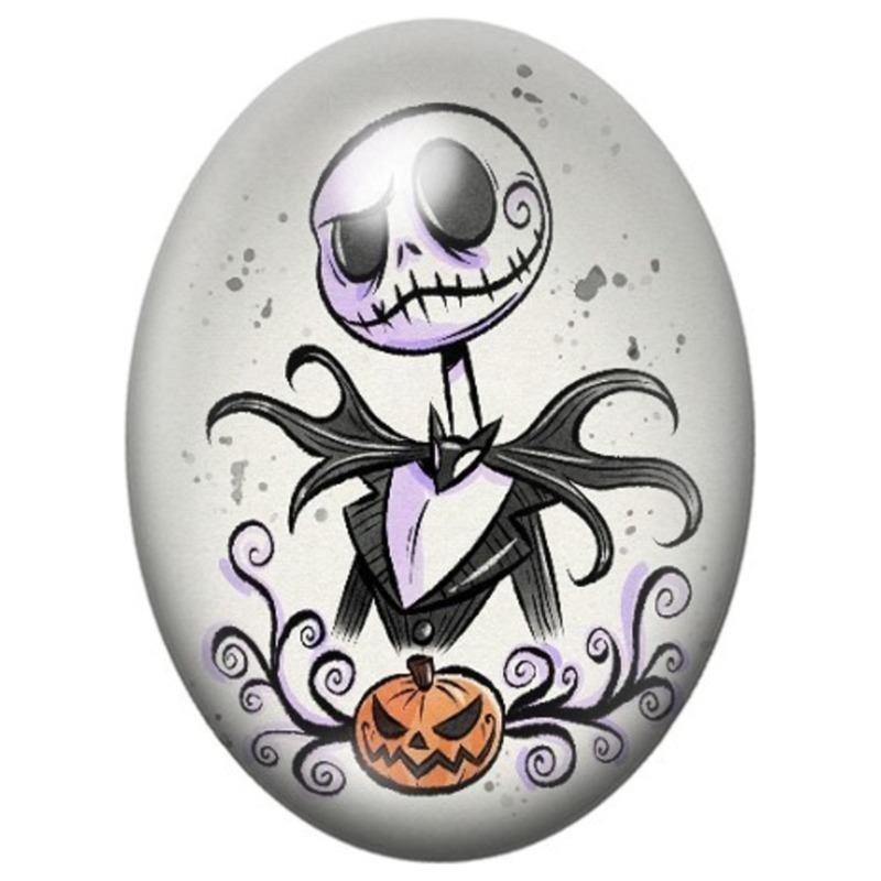 Cabochon en Verre Illustré Jack Skellington aux Volutes et à la Citrouille 13x18, 18x25 ou 30x40mm