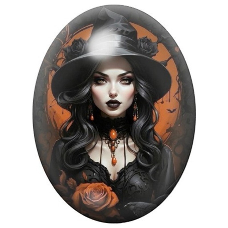 Cabochon en Verre Illustré Sorcière Brune au Camée Orange 13x18, 18x25 ou 30x40mm