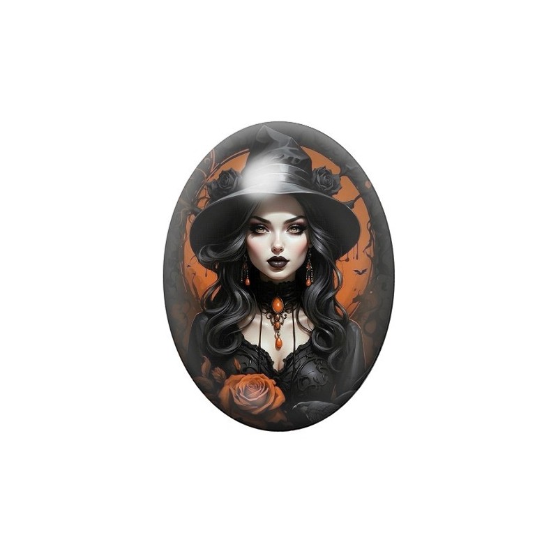 Cabochon en Verre Illustré Sorcière Halloween 13x18, 18x25 ou 30x40mm