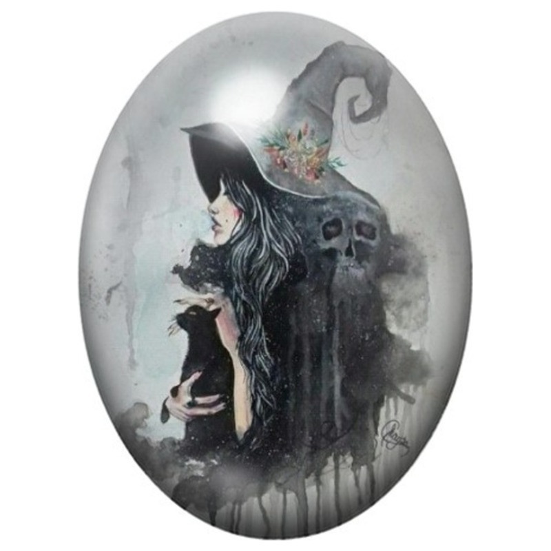 Cabochon en Verre Illustré Sorcière au Chat Noir dans la Brume 13x18, 18x25 ou 30x40mm