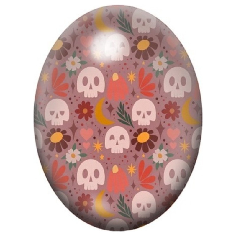 Cabochon en Verre Illustré Motif de Crânes et Fleurs Orange sur Fond Rose 13x18, 18x25 ou 30x40mm