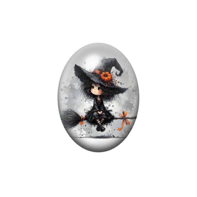 Cabochon en Verre Illustré Sorcière Halloween 13x18, 18x25 ou 30x40mm