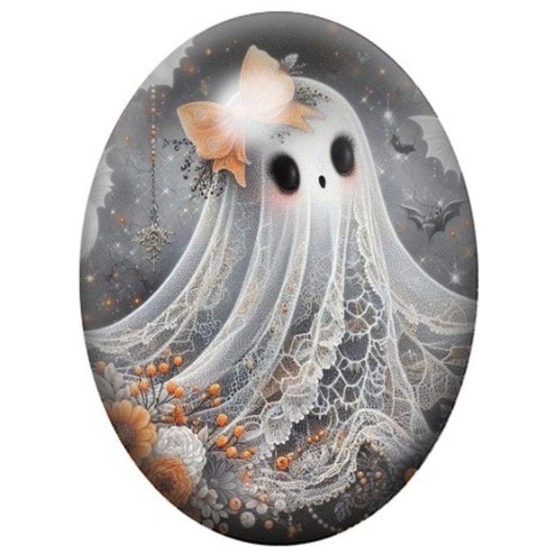 Cabochon en Verre Illustré Fantôme en Dentelle aux Fleurs Orange 13x18, 18x25 ou 30x40mm