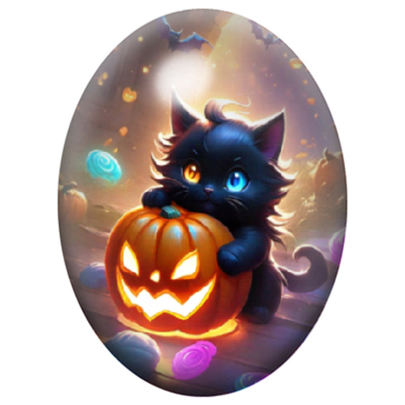Cabochon en Verre Illustré Chat Noir Kawaii dans une Citrouille Lumineuse 13x18, 18x25 ou 30x40mm