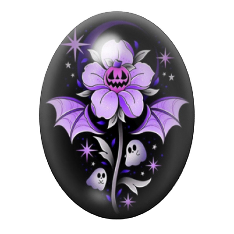 Cabochon en Verre Illustré Fleur Violette aux Chauves-Souris et Fantômes 13x18, 18x25 ou 30x40mm
