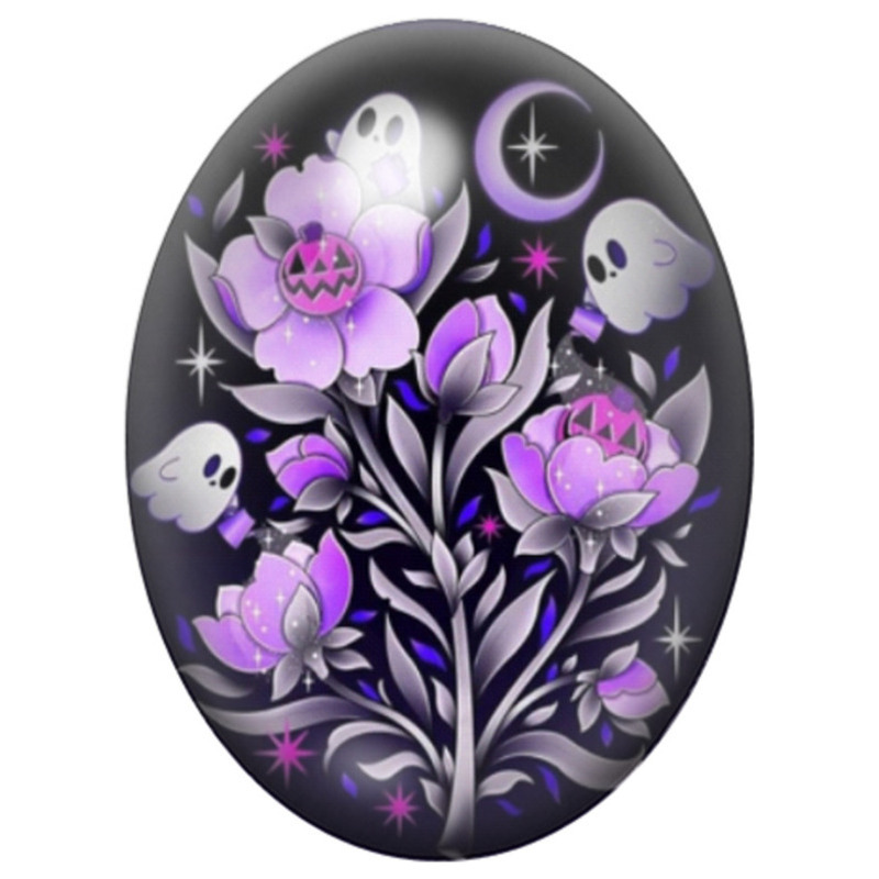 Cabochon en Verre Illustré Fleurs Violettes aux Fantômes 13x18, 18x25 ou 30x40mm