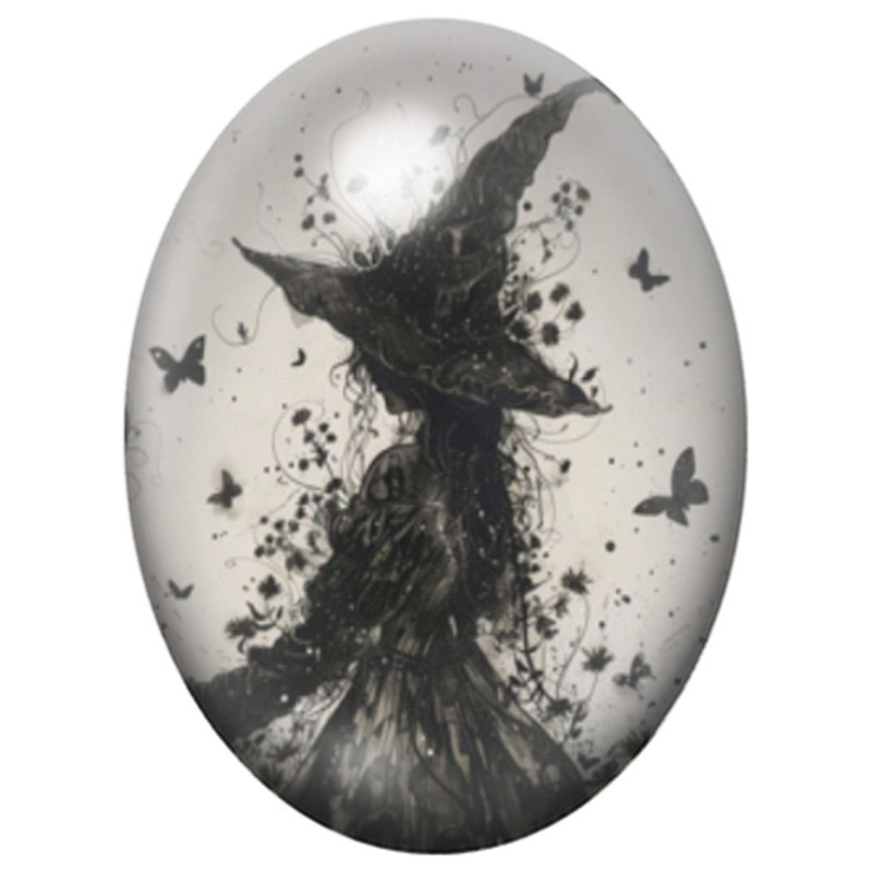 Cabochon en Verre Illustré Silhouette de Sorcière Noire aux Papillons 13x18, 18x25 ou 30x40mm