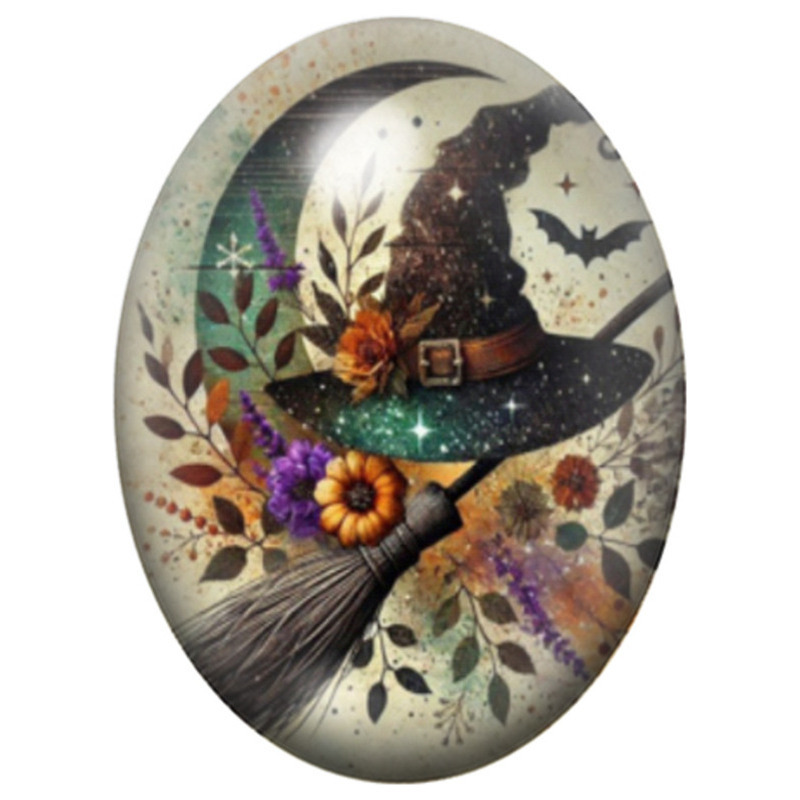 Cabochon en Verre Illustré Chapeau de Sorcière aux Citrouilles sur un Balai 13x18, 18x25 ou 30x40mm