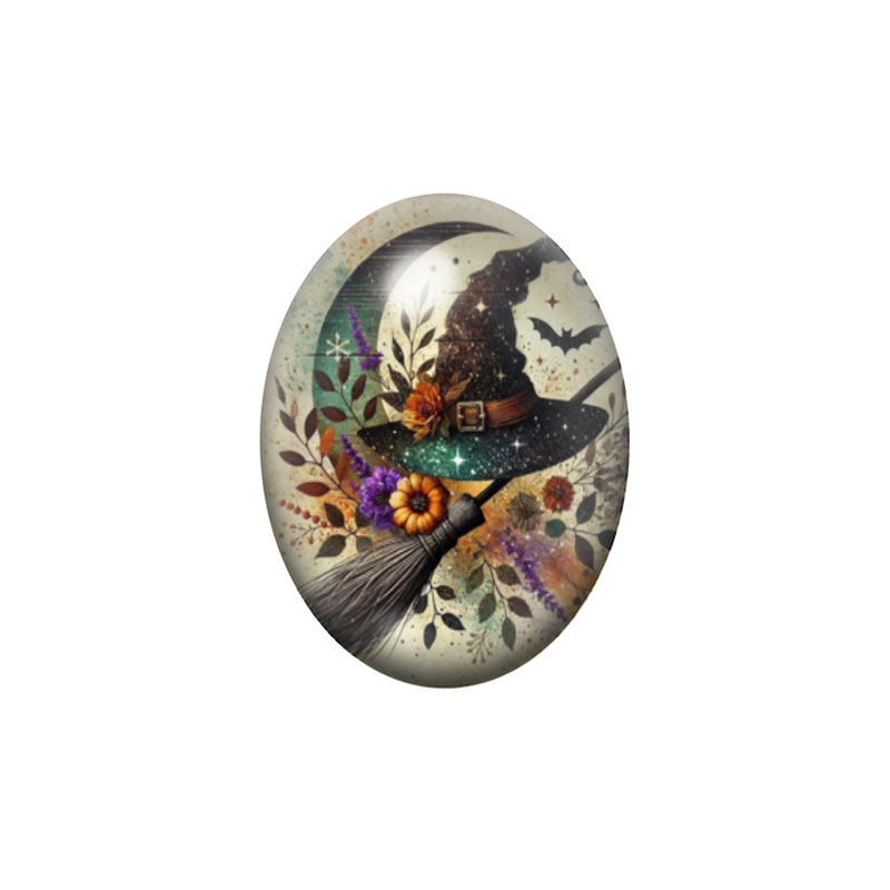 Cabochon en Verre Illustré Chapeau de Sorcière Halloween 13x18, 18x25 ou 30x40mm