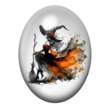 Cabochon en Verre Illustré Sorcière en Vol Aquarelle Orange 13x18, 18x25 ou 30x40mm pour la création de bijoux fantaisie - DIY