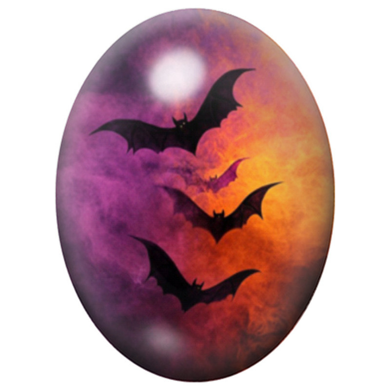Cabochon en Verre Illustré Chauves-Souris devant un Ciel Orange et Violet 13x18, 18x25 ou 30x40mm