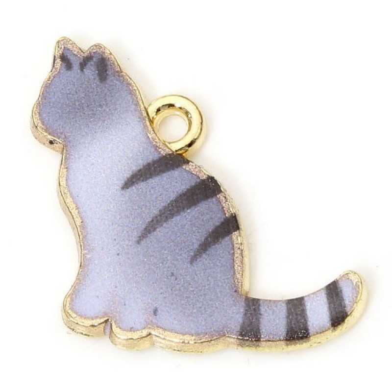 2 Breloques Chat en Émail Gris Métal Doré 19x17mm