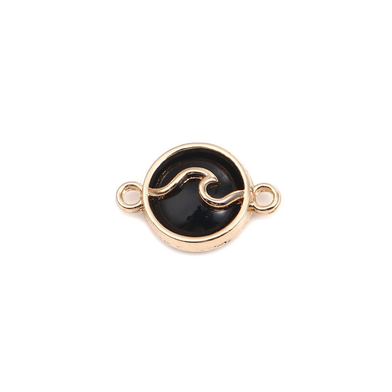 2 Connecteurs Vague Mer en Verre Noir Métal Doré 20x14mm