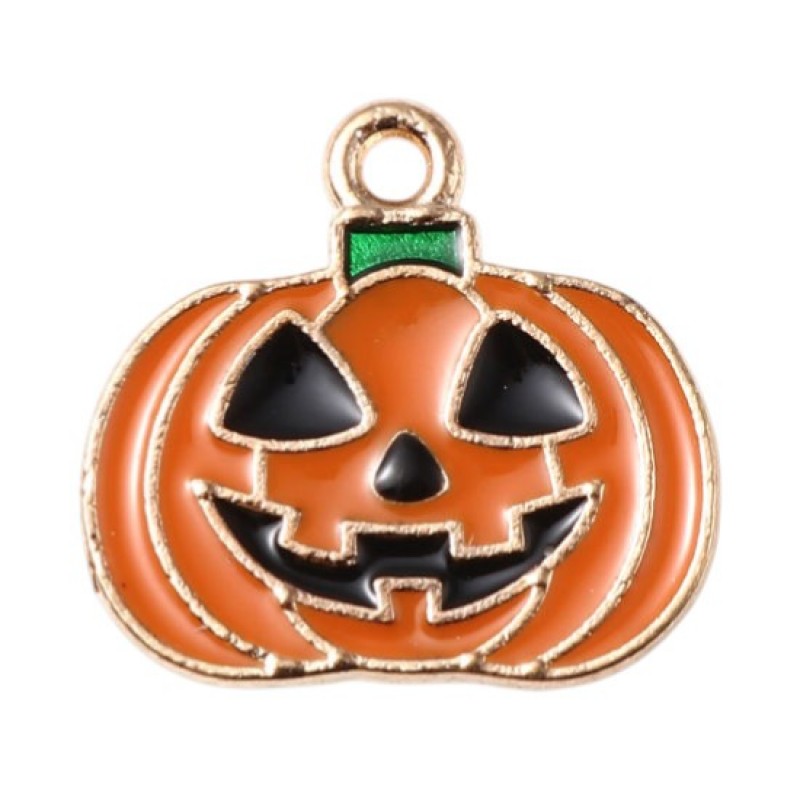 2 Breloques Citrouille Métal Doré en Émail Orange Halloween 21x19mm