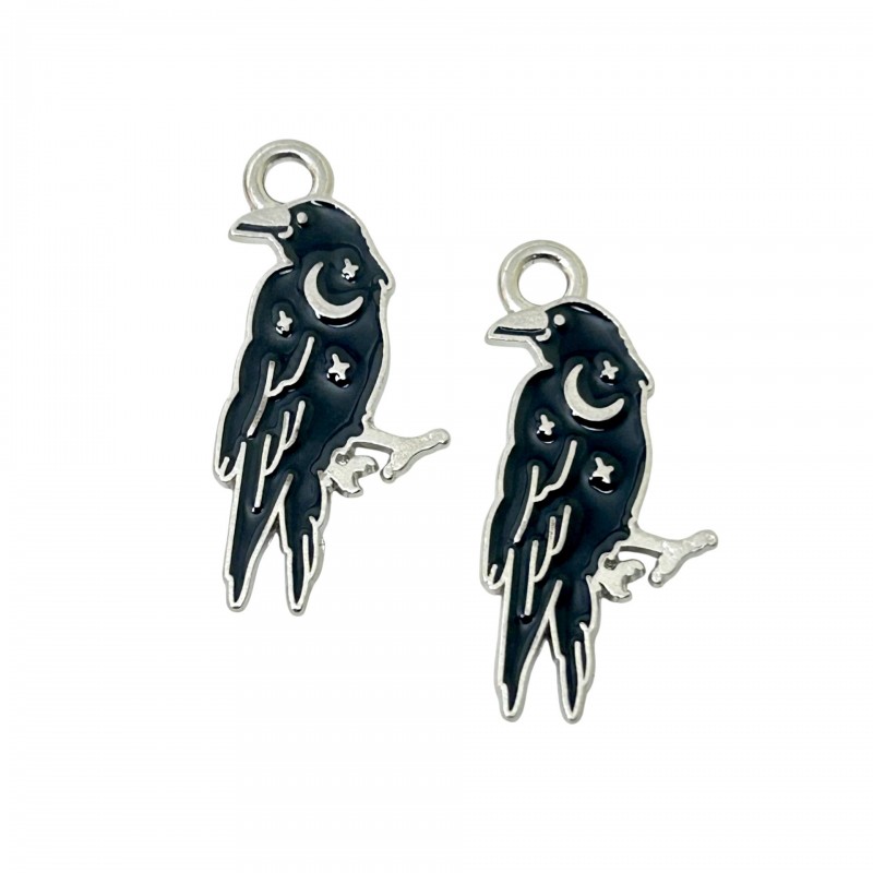 2 Breloques Corbeau en Émail Noir Métal Argenté Gothique 25x12mm