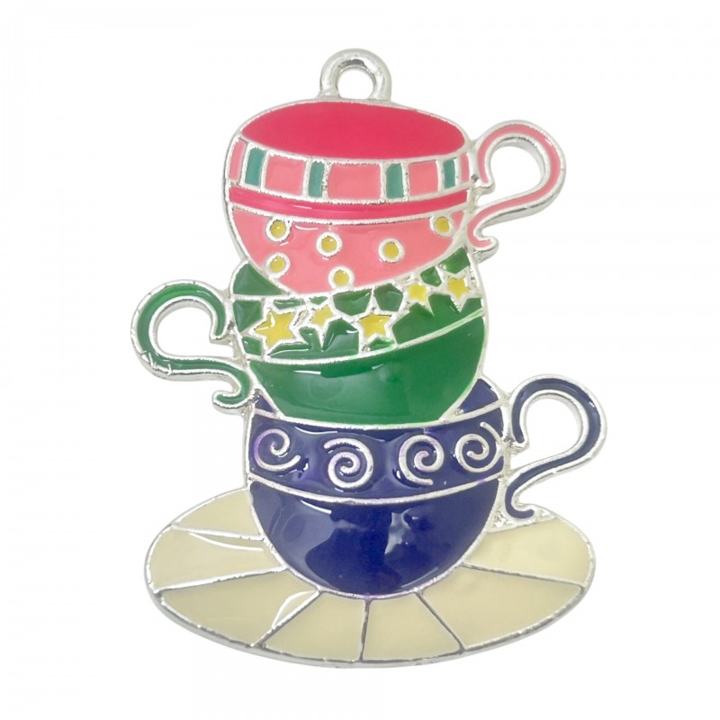 Pendentif Breloque Tasse en Émail Métal Argenté 50x37mm