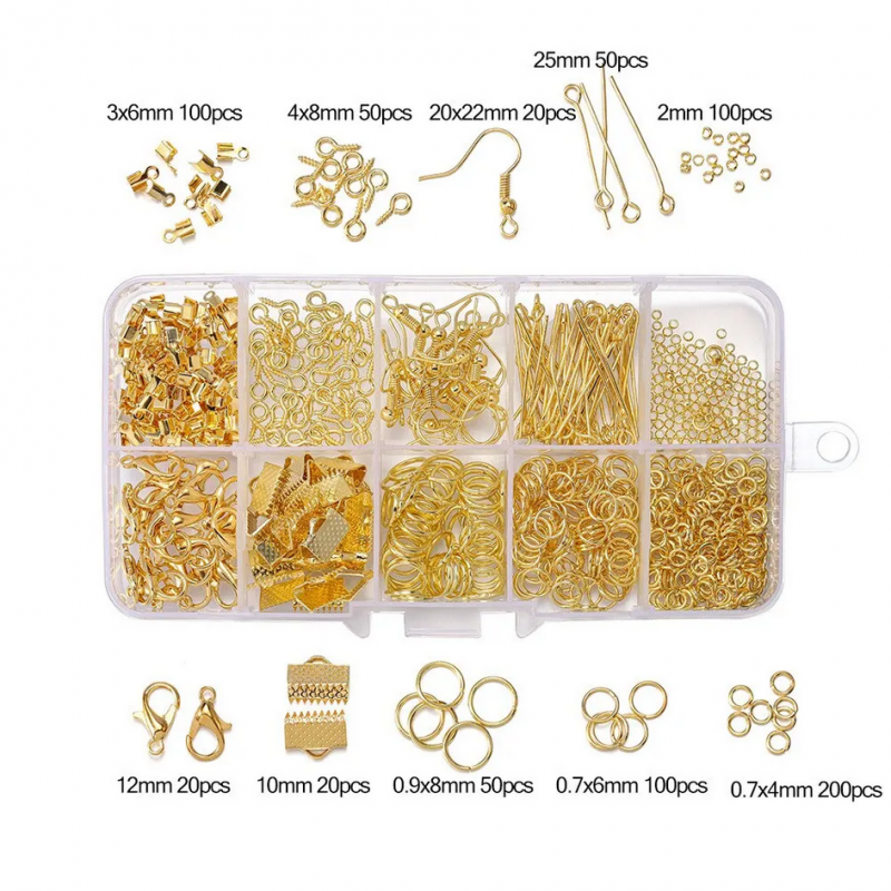 Kit Boite d'Apprêts Anneaux, Fermoirs, Griffes, Boucles d'Oreilles, Perles à Écraser