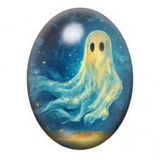 Cabochon en Verre Illustré Fantôme Bleu Lumineux sous la Lune 13x18, 18x25 ou 30x40mm pour la création de bijoux fantaisie - DIY