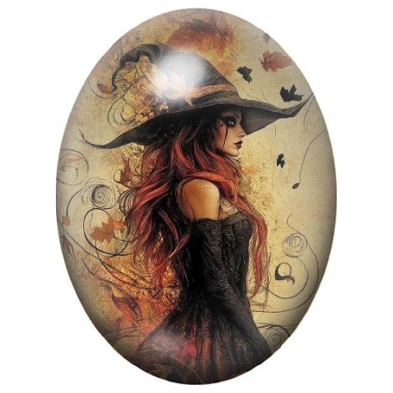 Cabochon en Verre Illustré Sorcière Rousse sur Fond Ancien 13x18, 18x25 ou 30x40mm
