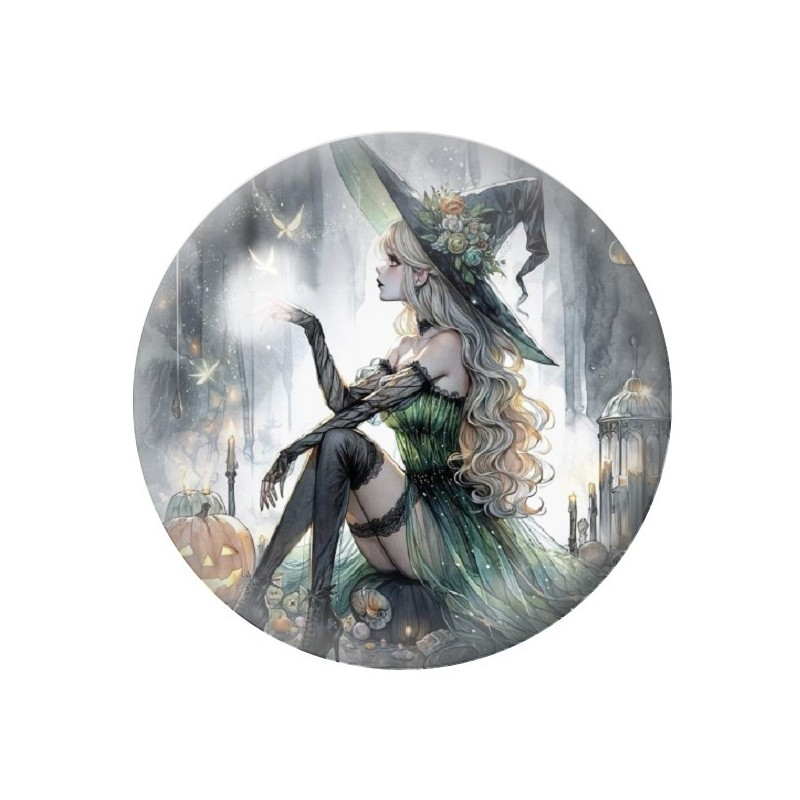 Cabochon en Verre Illustré Sorcière Halloween 12 à 25mm