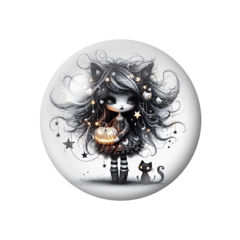 Cabochon en Verre Illustré Petite Fille Chat Halloween 12 à 25mm