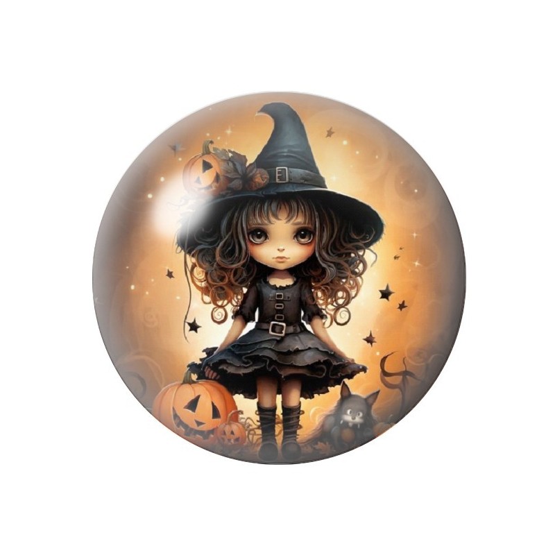 Cabochon en Verre Illustré Petite Fille Sorcière Halloween 12 à 25mm