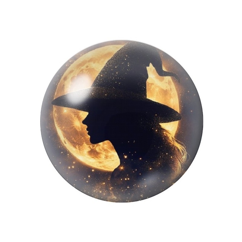 Cabochon en Verre Illustré Sorcière Lune Halloween 12 à 25mm