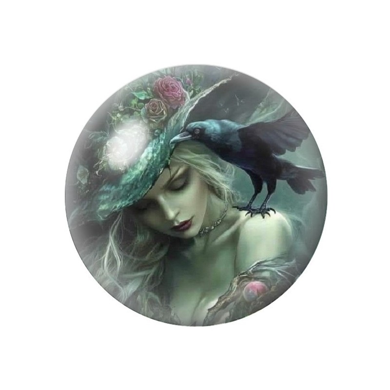 Cabochon en Verre Illustré Sorcière Corbeau Halloween 12 à 25mm