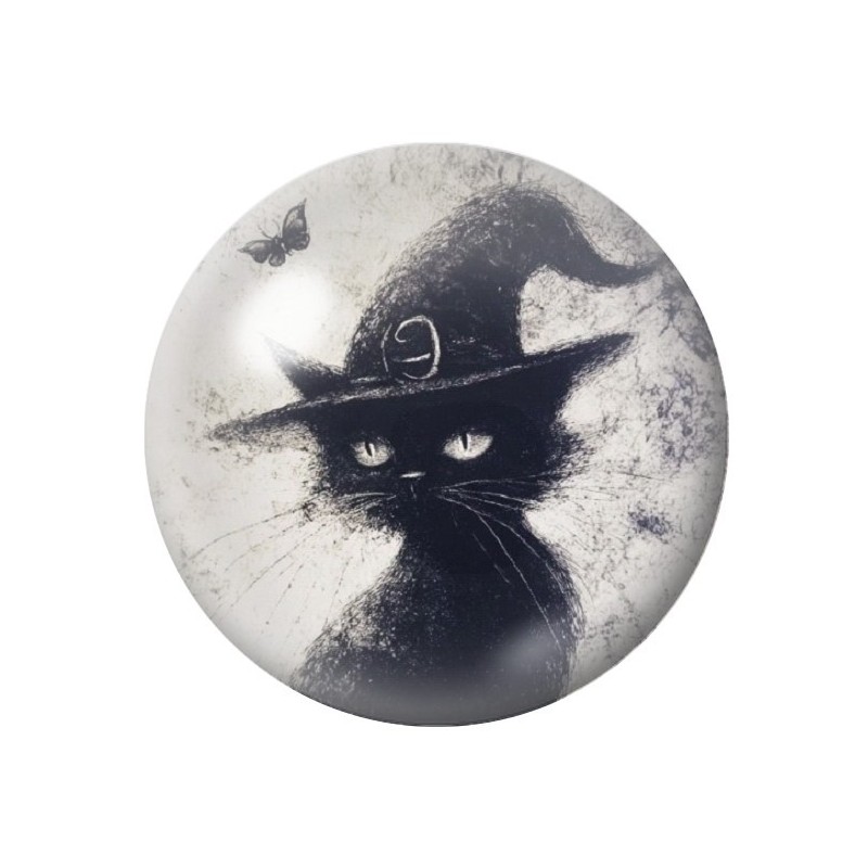 Cabochon en Verre Illustré Chat Noir Chapeau Halloween 12 à 25mm